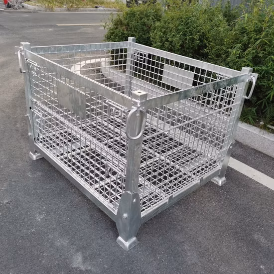 Pallet pieghevole con gabbia per contenitori in rete metallica per carichi sfusi